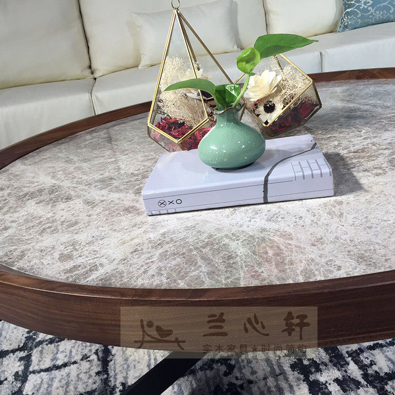 北欧小户型黑胡桃实木框圆茶几天然大理石不锈钢金属脚椭圆茶几