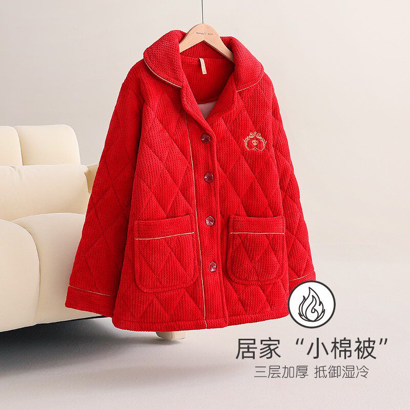 睡衣女冬天加厚夹棉法兰绒加绒珊瑚绒保暖秋冬款冬季大红色本命年