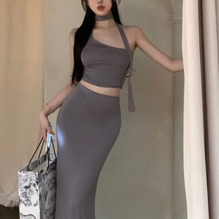 御姐套装女夏季新款性感斜肩挂脖短款上衣+包臀半身裙长裙两件套