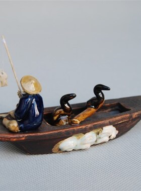 山水盆景鱼缸造景配件陶瓷古船摆件鸬鹚渔公船家居书架茶宠装饰品