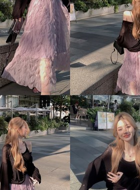 氛围感紫色压褶半身裙女夏季新款复古时尚高腰设计感A字中长纱裙