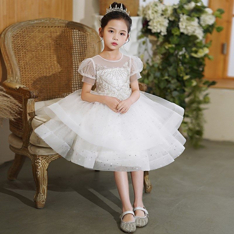 儿童礼服高端公主裙花童礼服小女孩白色婚纱六一钢琴演出服女童夏