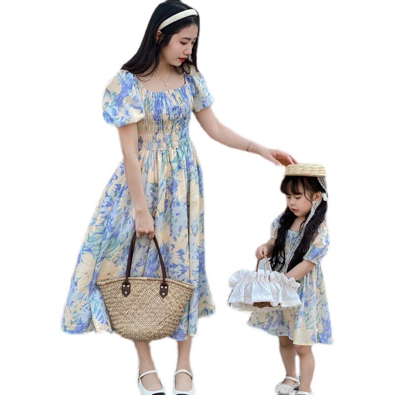 法式亲子装连衣裙一家三口夏季衬衫三亚海边度假母子母女装裙子