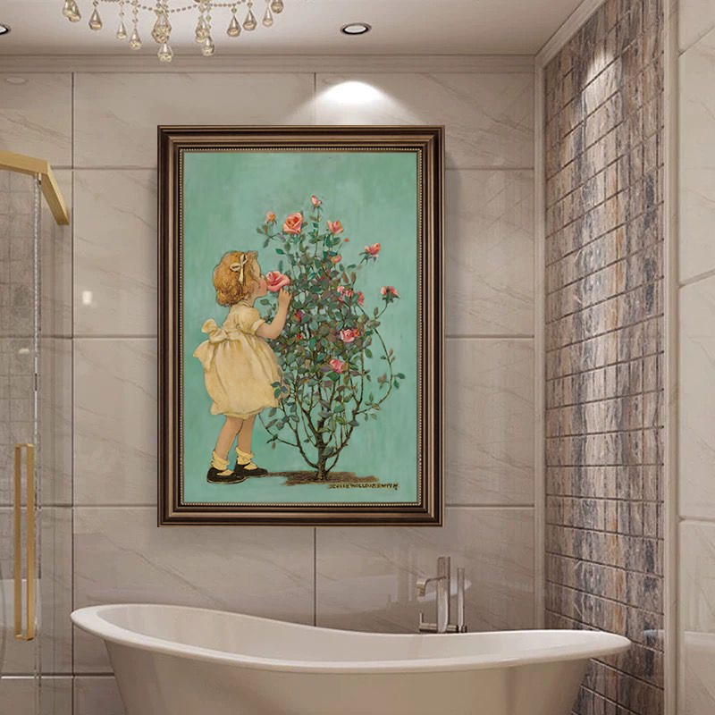 美式玫瑰复古挂画卫生间免钉防水防潮厕所装饰画酒店卧室浴室壁画