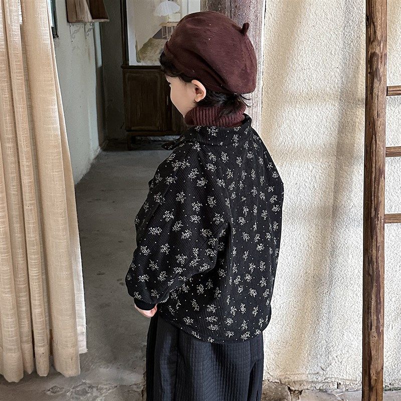暮晨家新款冬装2024男童加绒碎花灯芯绒衬衫中小童加厚森系风外套