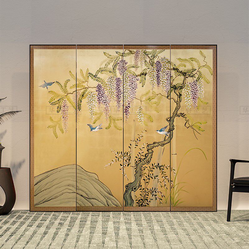 可定制订做手绘花鸟画金箔屏风银箔工艺漆画茶室空间卧室隔断背景,住宅家具,折屏,淘宝优惠券,粉丝福利购,淘宝优惠卷