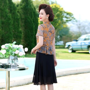 小个子妈妈夏季洋气裙子新款中老年女士夏装雪纺气质假两件连衣裙