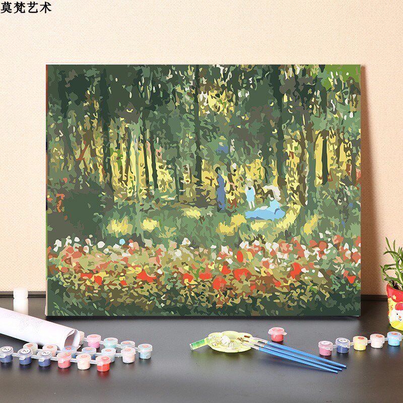 数字油画diy填充手工填色世界名画莫奈花园里的艺术家涂色丙烯油