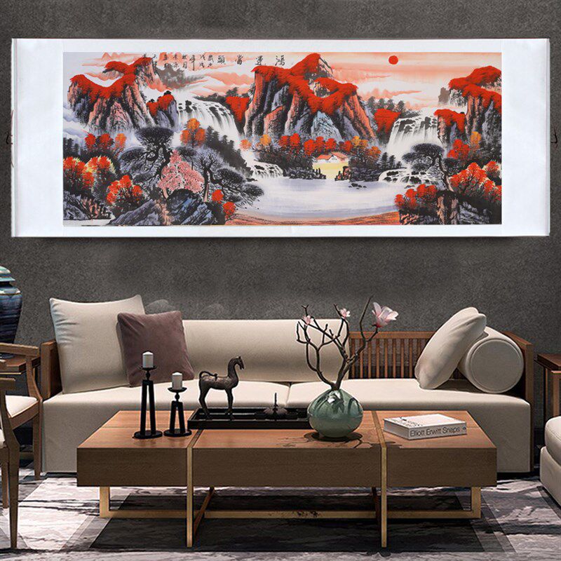 手绘鸿运当头国画山水画客厅装饰画办公室沙发背景墙壁画茶室挂画