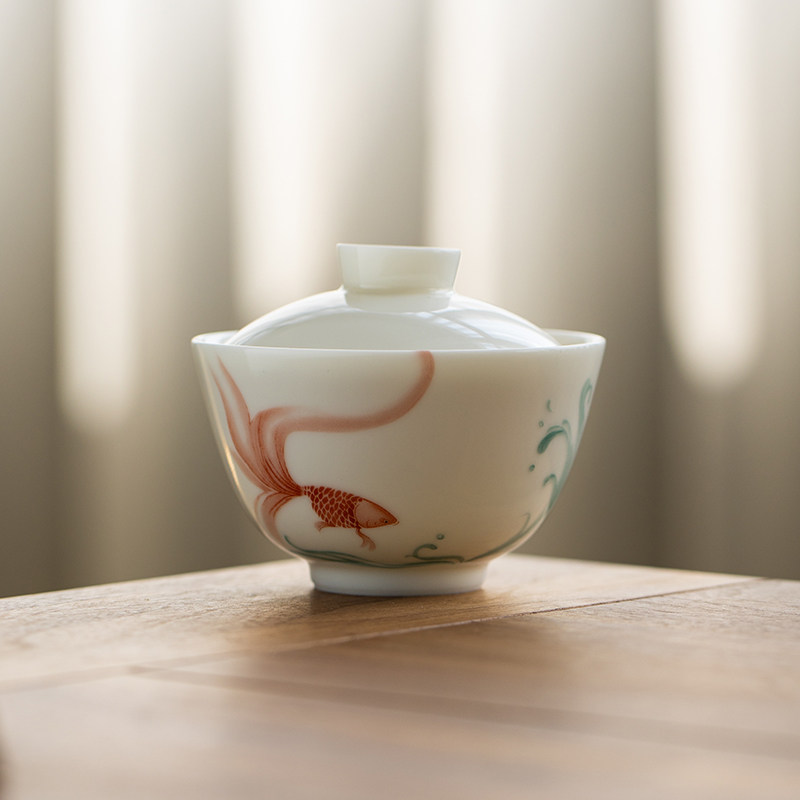 白瓷盖碗单个白瓷茶杯大号手抓碗茶碗功夫茶具圆融素锦年华泡茶杯