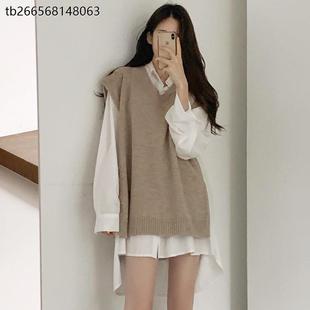 V领针织背心套装 韩国时髦 宽松 简单百搭翻领系带白衬衫 秋季