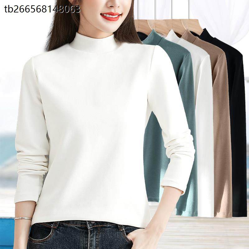 秋冬精梳纯棉加厚小中立半高领打底衫女内搭妈妈白色长袖T恤上衣
