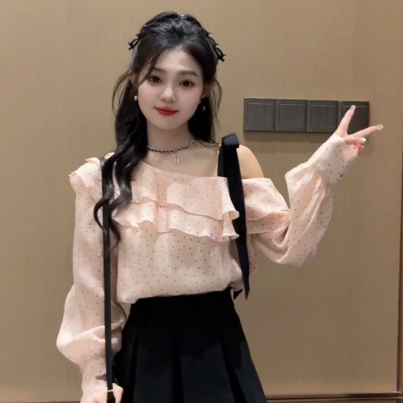 一字领绑带蝴蝶结波点衬衫上衣女2025春季新款荷叶边雪纺小衫长袖