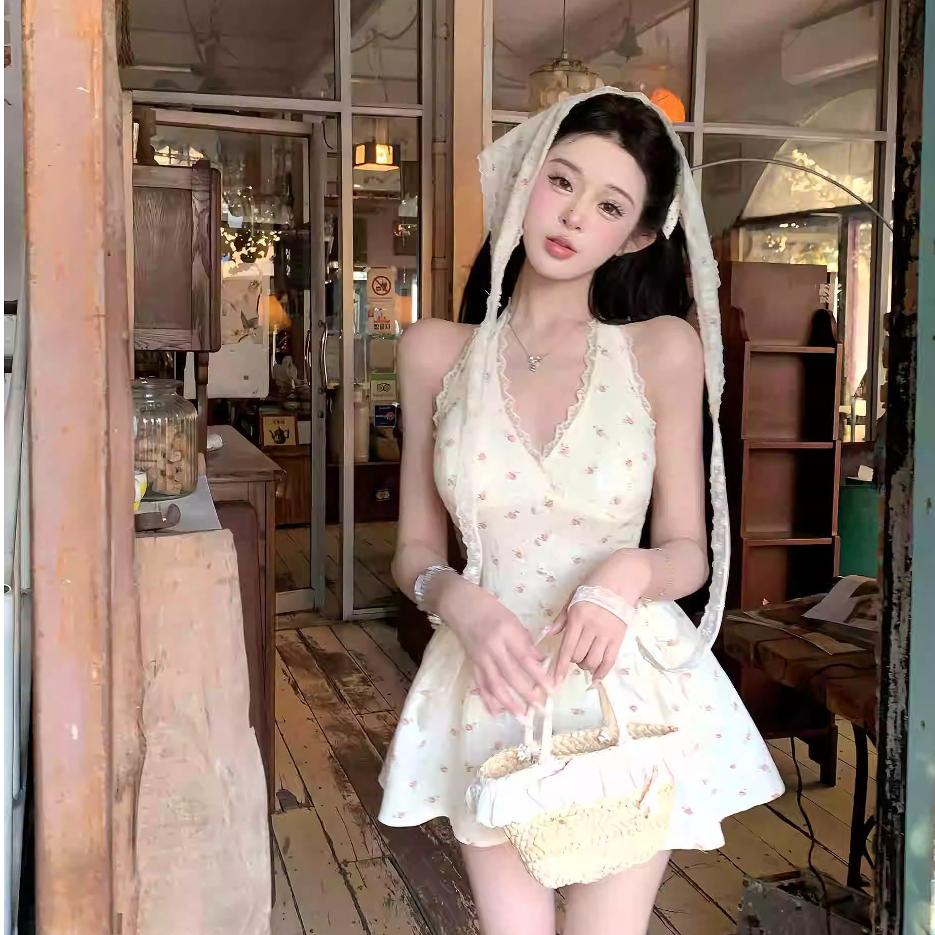 微胖mm甜辣妹设计感V领挂脖连衣裙女夏季纯欲收腰碎花度假短裙