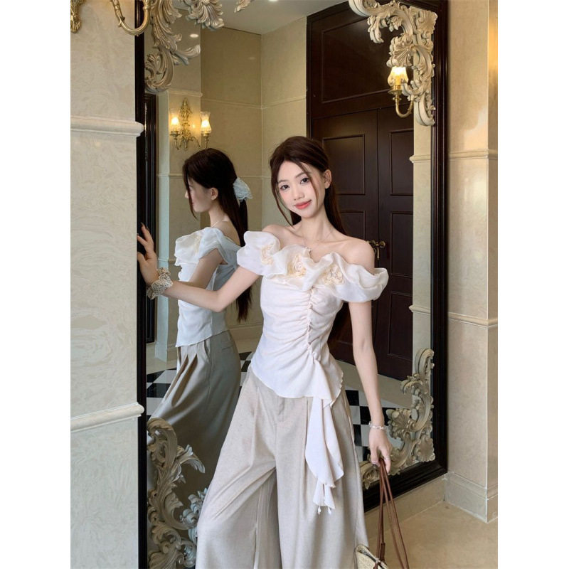 纯欲风花朵一字肩不规则T恤2025夏季新款修身显瘦抽褶上衣女chic