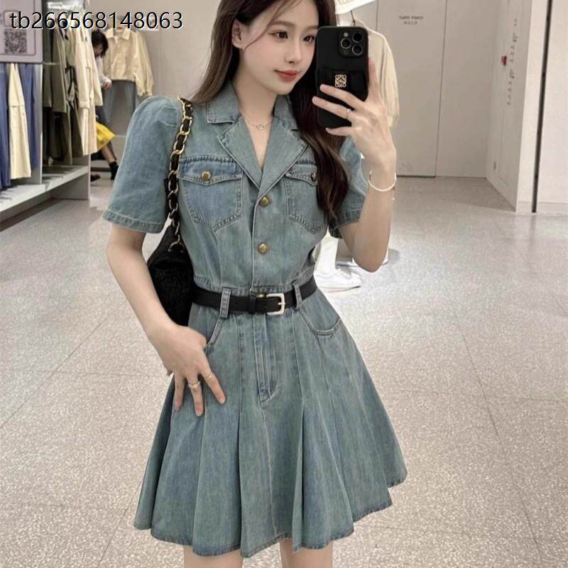 小个子牛仔西装领百褶连衣裙女夏季小香风收腰显瘦短袖A字裙子潮