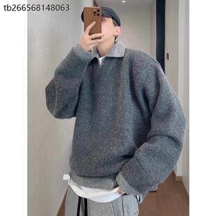 冬季复古百搭宽松慵懒灰色假两件V领撞色针织毛衣男