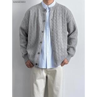 覆古绞花纯色针织开衫秋季男生宽松休闲百搭纽扣圆领毛衣外套