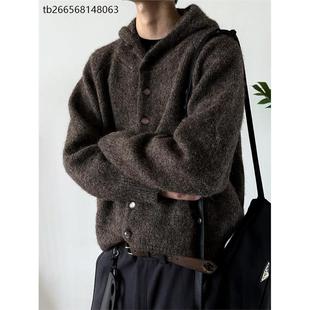 MANCHER 925G羊毛混纺连帽纽扣毛衣男女慵懒松弛感短款针织外套潮