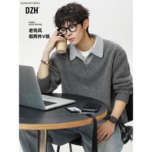 男士假两件灰色毛衣内搭可外穿英伦雅痞男装polo领针织衫上衣早秋