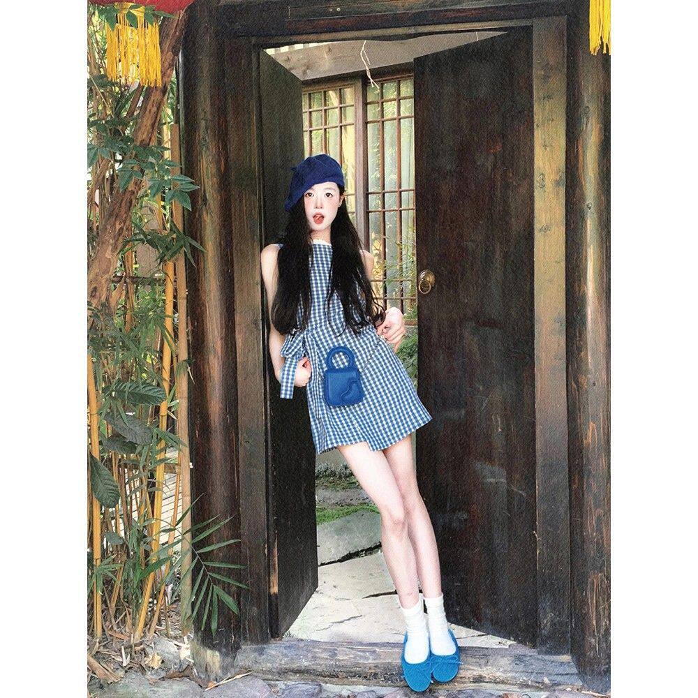 蓝色格子无袖连衣裙女设计感夏季绑带蝴蝶结短款背心裙收腰短裙子