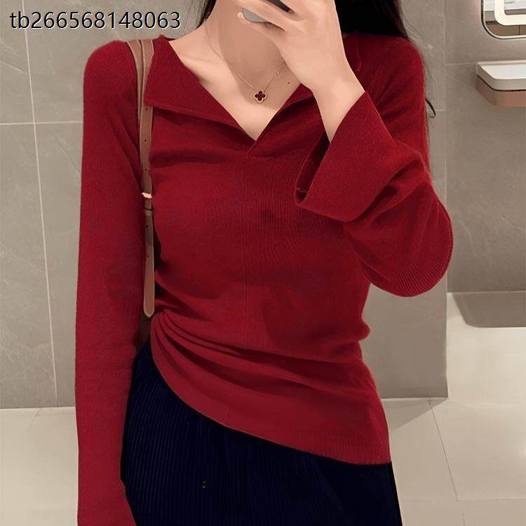 法式安哥拉红羊毛衫女秋季内搭修身气质显瘦设计感V领针织打底衫