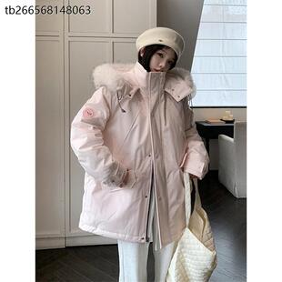 新款 大码 派克羽绒棉服女胖mm冬季 粉色工装 加厚学院风减龄外套 女装