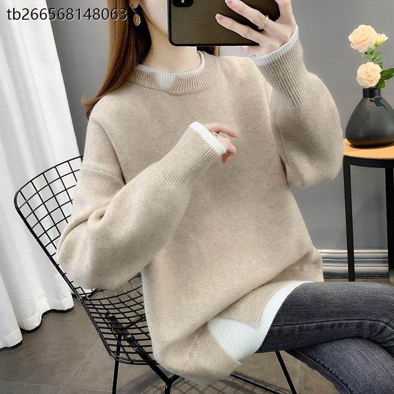 中长版毛衣女秋冬季外穿2024新款宽松慵懒风假两件针织衫加绒加厚