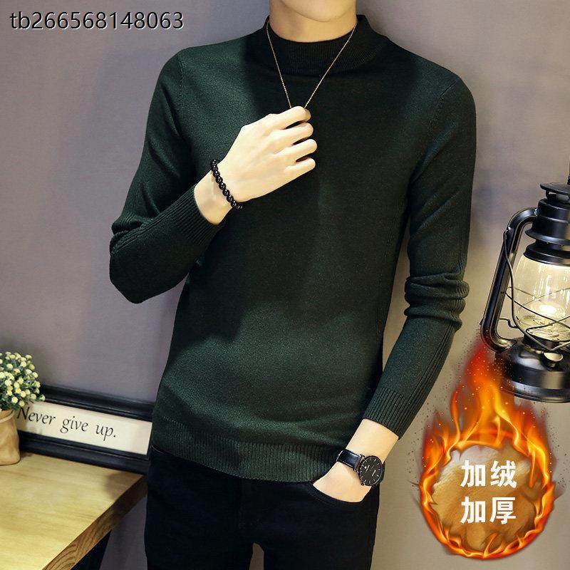 秋冬季毛衣男中领潮流线衣加绒加厚打底衫男修身内搭半高领针织衫