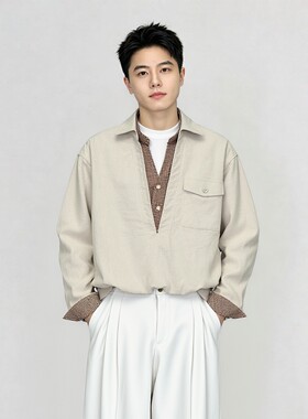 日系格纹假两件拼接长袖衬衫男女