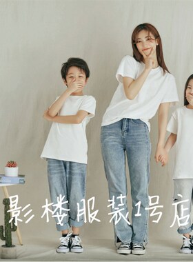 新款拍照的亲子装夏纯白色t恤一家三四口婴儿全家福白色摄影服装