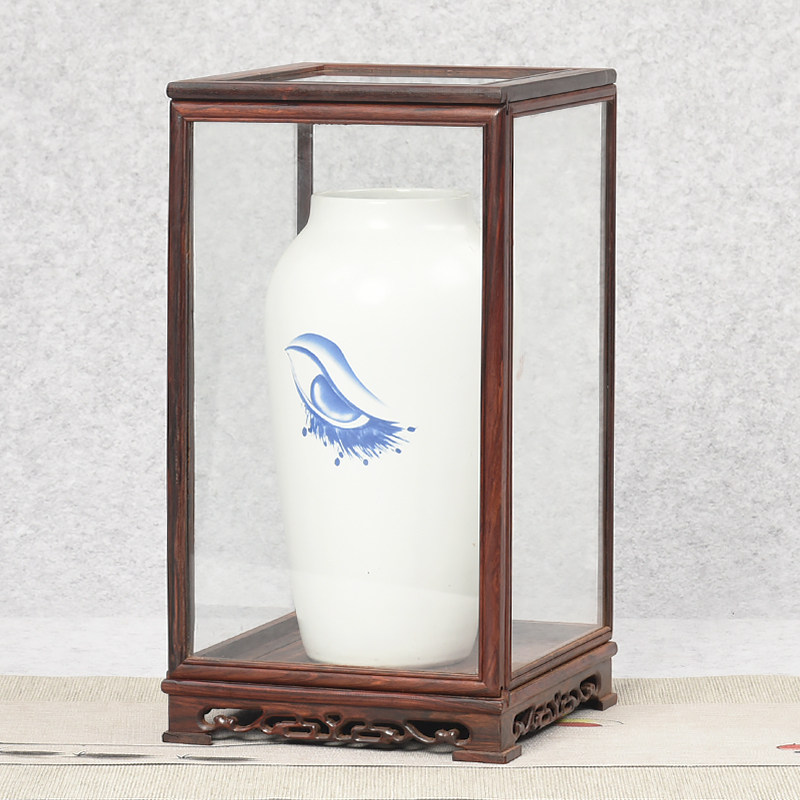 红酸枝木左右移门宝笼玻璃罩实木质底板工艺品佛像古董展示防尘罩