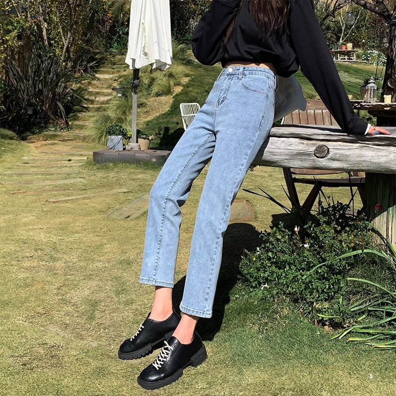 黑色窄版直筒牛仔裤女春秋季2024年高腰显瘦小个子九分烟管裤加绒