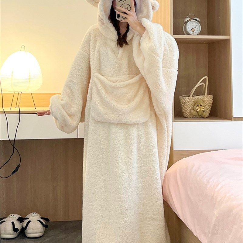 小羊连帽珊瑚绒睡衣女款冬季加绒加厚毛绒绒睡袍家居服睡裙冬外穿