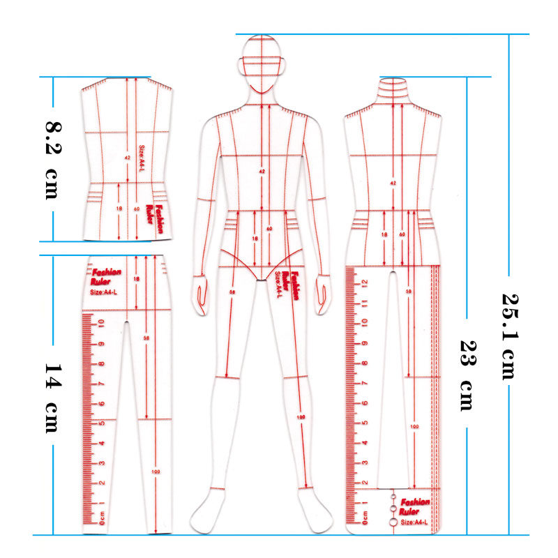 服装设计款式图模板尺时装画手绘工具心野母型男款人体尺人形尺