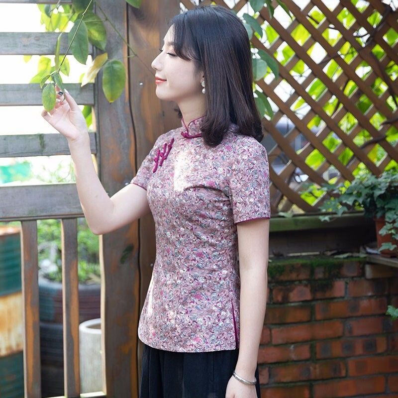 唐装女中国风旗袍式上衣盘扣短袖复古茶服禅意素衣中式女装夏夏季