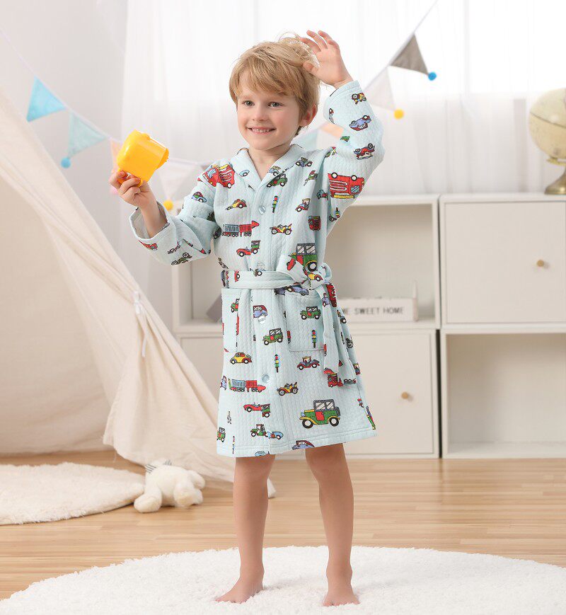 儿童春秋加厚纯棉空气层睡衣男童三层夹棉睡袍全棉浴袍宝宝家居袍