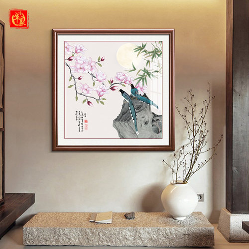 新中式玄关装饰画客厅餐厅卧室床头实木挂画过道走廊尽头花鸟国画