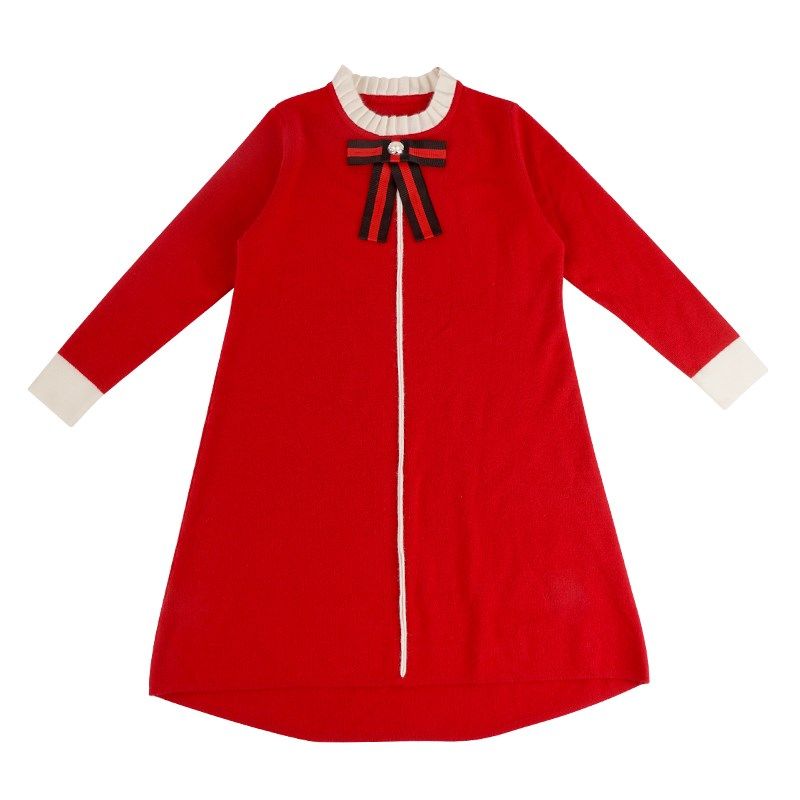 女童毛衣裙2025秋冬新款洋气红色连衣裙复古针织长袖长款公主裙子