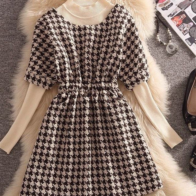 格子毛呢连衣裙两件套春秋蝙蝠袖松紧腰显瘦覆古背带裙套装女2025,女装/女士精品,时尚套装,淘宝优惠券,粉丝福利购,淘宝优惠卷