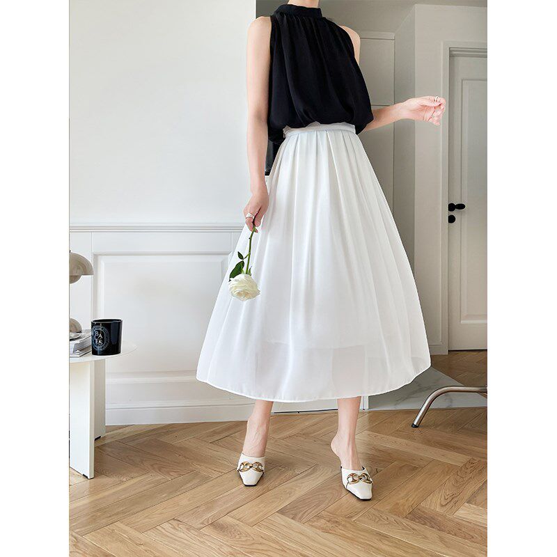 雪纺百褶裙高腰半身裙女夏白色纱裙设计感温柔风小个子中长款裙子