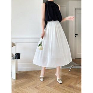 雪纺百褶裙高腰半身裙女夏白色纱裙设计感温柔风小个子中长款裙子
