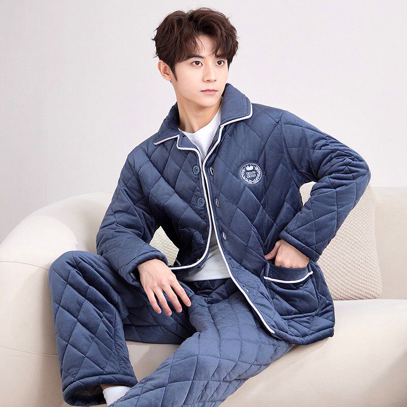 男士三层夹棉睡衣冬季男款珊瑚绒冬款2024新款加绒加厚男式家居服
