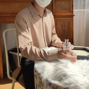 秋冬抗褶皱免熨烫宽松男长袖衬衫雪纺仿棉质感柔软垂坠高级浅蓝色