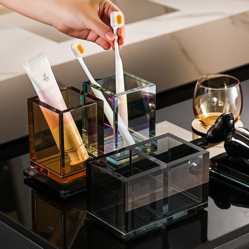 轻奢洗漱台面水晶玻璃置物架浴室牙刷牙膏梳子收纳化妆美妆刷笔筒