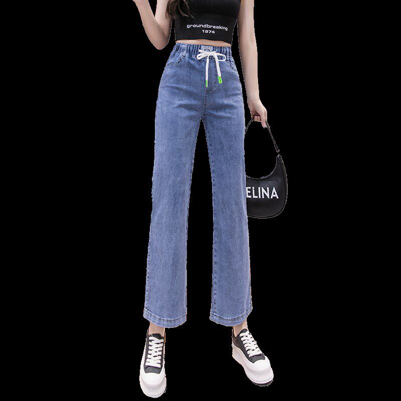 薄款牛仔阔腿裤女松紧腰2025夏季新款高腰显瘦弹力九分阔腿牛仔裤