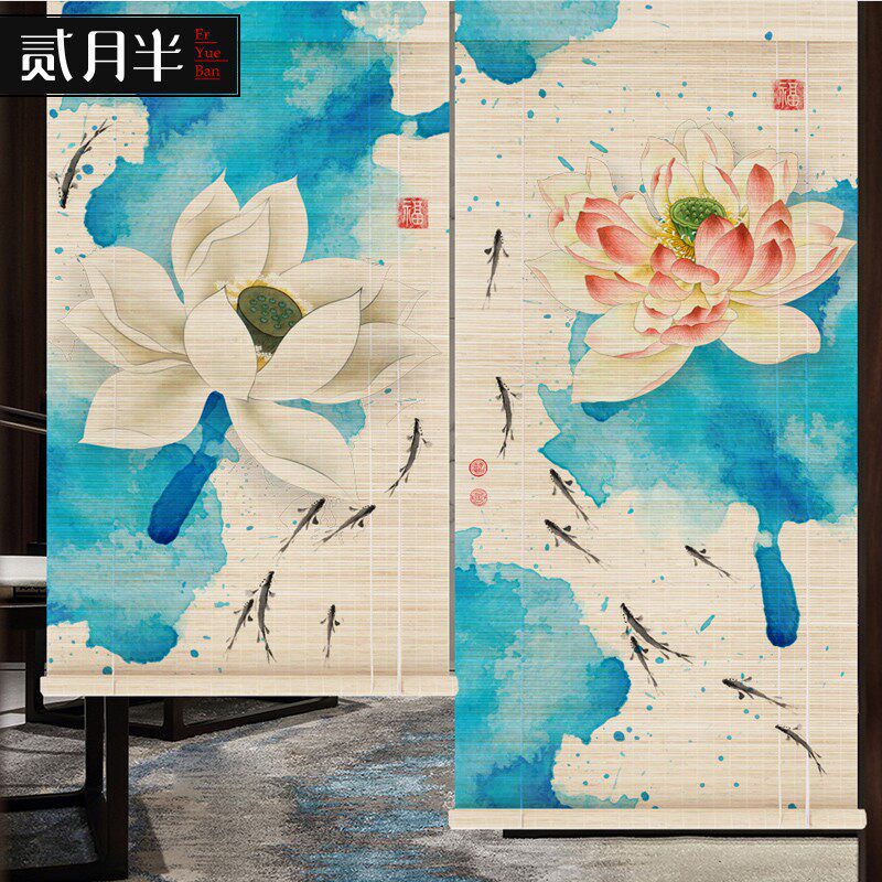 新中式竹帘卷帘荷花莲蓬装饰窗帘门帘子隔断帘客厅阳台遮光遮阳帘