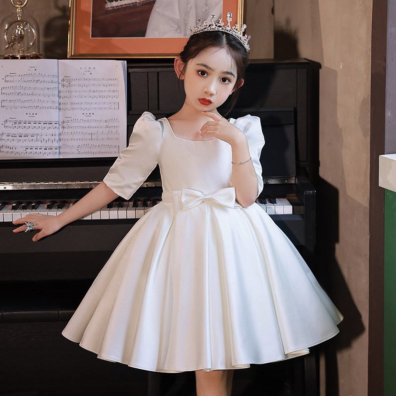 花童公主裙礼服高端女童女孩主持人晚礼服儿童钢琴演出服生日缎面