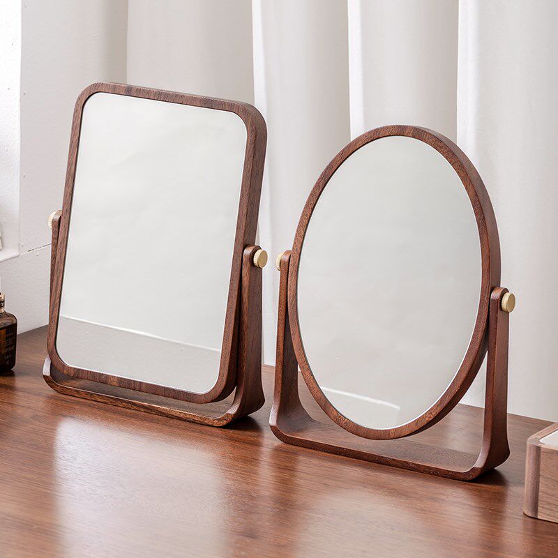 家用桌面镜子大号实木化妆镜可旋转梳妆镜木质卧室办公室台式镜子