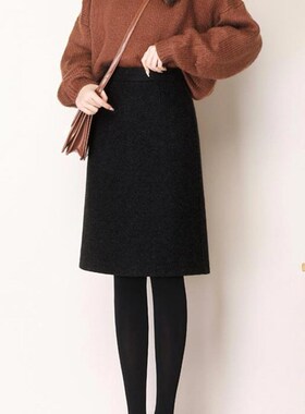 黑色毛呢半身裙女秋冬大码高腰显瘦a字裙胖m松紧遮胯开叉工装中裙